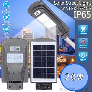 LED térvilágítás, napelemes, fény-és mozgásérzékelős utcai világítás (20W - hideg fehér)
